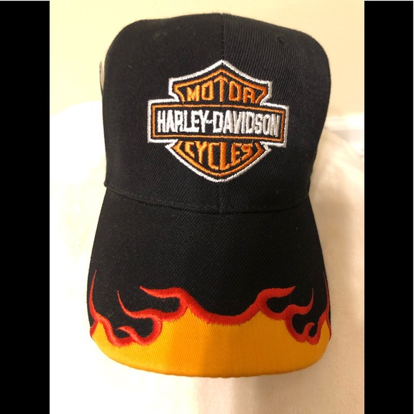Vintage 🆕 Harley Davidson Motorcycle Baseball Cap Hat Black w/ Orange Flames - Picture 3 of 4